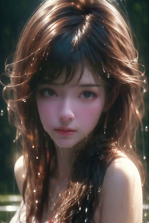  Epic CG masterpiece,stunningly beautiful,graphic tension,dynamic poses,stunning colors,3D rendering,surrealism,cinematic lighting effects,realism,00 renderer,super realistic,masterpiece,best quality,32k uhd,insane details,intricate details,hyperdetailed,hyper quality,high detail,ultra detailed,Masterpiece,
1girl,solo,glowing,simple background,,rain,it's soaking wet,(splash of water:1.4),,wet_hair, yanlingji, wangyushan