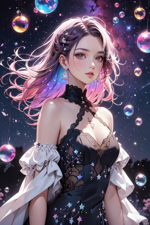 (masterpiece), (best quality), (ultra-detailed), (illustration), 1girl, mixed-blood, stars in the eyes, cherry blossoms, messy floating hair, crystal earrings, colored inner hair, Starry sky adorns hair, (colorful Bubble), (pearl), (Galaxy), depth of field, upper body, lace-trimmed dress
