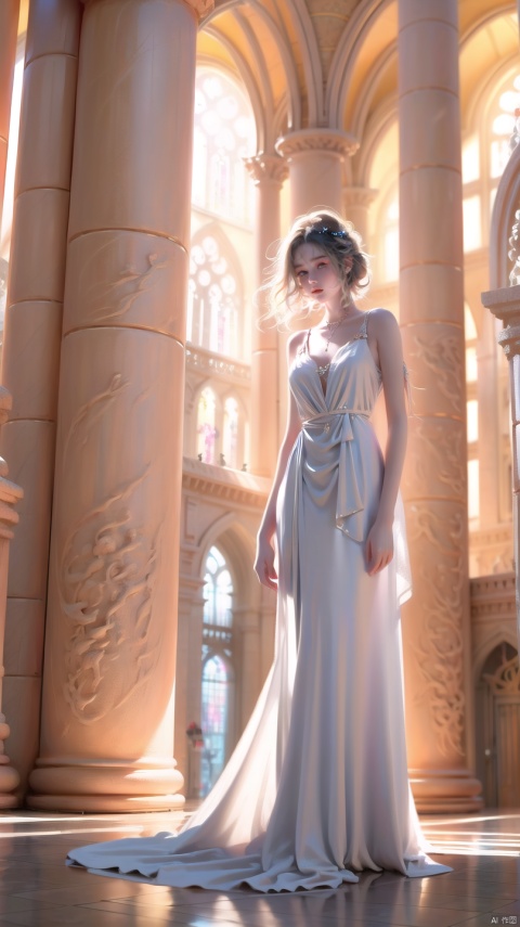  A girl wearing a white long dress stood in front of a classical style building,The style of this painting is fantasy, with cool colors and contrasting light and shadow