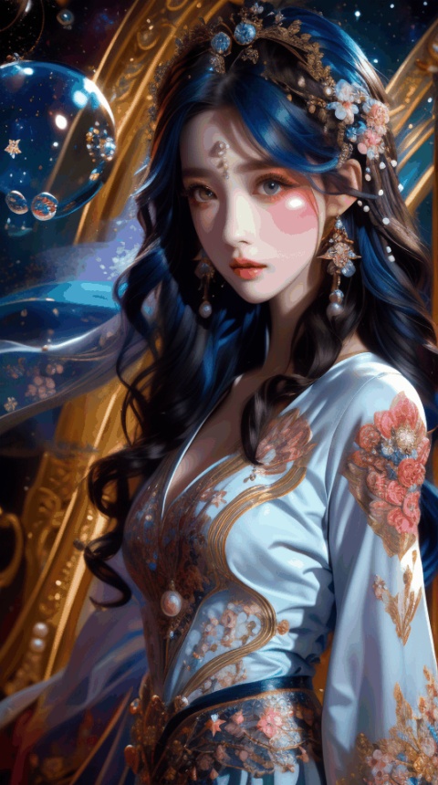  (masterpiece), (best quality), (ultra-detailed), (illustration), 1girl, full body,mixed-blood, stars in the eyes, cherry blossoms, crystal earrings, colored inner hair, Starry sky adorns hair, (colorful Bubble), (pearl), (Galaxy), depth of field, lace-trimmed dress