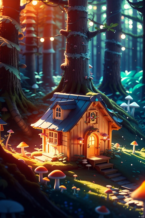  Mushroom House, Fairy Tale Style, In the Forest, Bright Colors, Mid Focus Lens, Natural Light, Static, Mysterious, Warm., glow, changjing_3d