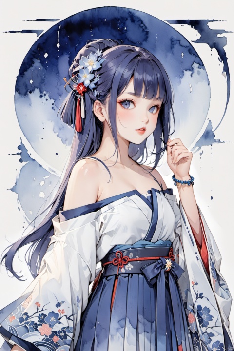 (watercolor_medium), ((ukiyoe style)), ((((masterpiece)))), (((best quality))), (illustration),(1girl:1.5),(solo:1.5), ((an extremely delicate and beautiful)), ((little girl)) , cute, ((hime_cut)), side blunt bangs,(ultramarine hair:1.2), hairs between eyes, ribbons, Bracelet , bare shoulders,((japanese_clothes)), sakura, ((slit pupils)), ((miko)), (off_shoulder), ace, (Kagura Suzu),sword