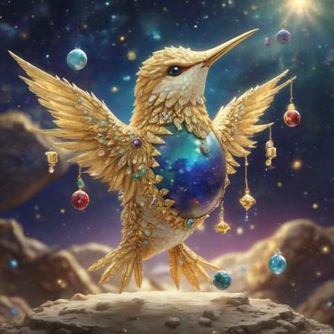  master piece, high quality, 
fat cute hummingbird ,
 with a belly, fat,cute, wu,In space,
Planets made of gold and gemstone materials,, gold and gemstones,Sunrise,
Holy radiance,The solar system made of gold and gemstones, shine eyes01,A glowing planet,