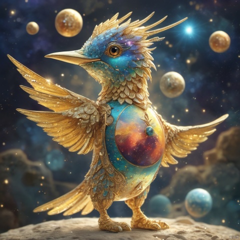  master piece, high quality, 
fat cute hummingbird ,
 with a belly, fat,cute, wu,In space,
Planets made of gold and gemstone materials,, gold and gemstones,Sunrise,
Holy radiance,The solar system made of gold and gemstones, shine eyes01,A glowing planet,