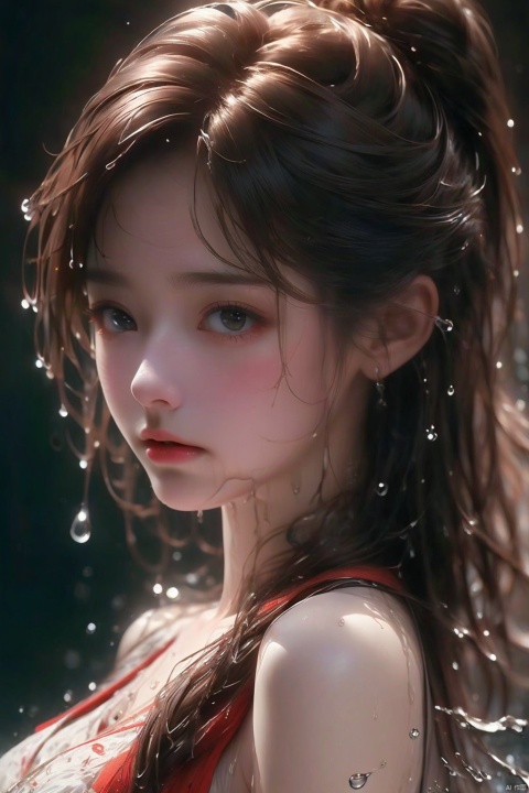  Epic CG masterpiece,stunningly beautiful,graphic tension,dynamic poses,stunning colors,3D rendering,surrealism,cinematic lighting effects,realism,super realistic,masterpiece,best quality,32k uhd,insane details,intricate details,hyperdetailed,hyper quality,high detail,ultra detailed,Masterpiece,1girl,solo,glowing,simple background,,rain,it's soaking wet,(splash of water:1.4),,wet_hair, yanlingji,  eluosi