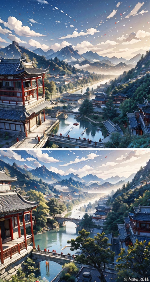  （8k, Best quality at best, high rise：1.1）chinese-ink painting, 
traditional Chinese architecture amidst a cityscape that
resembles a lush forest, all set against a litte mountainwith flowing water and meticulously detailed,山水