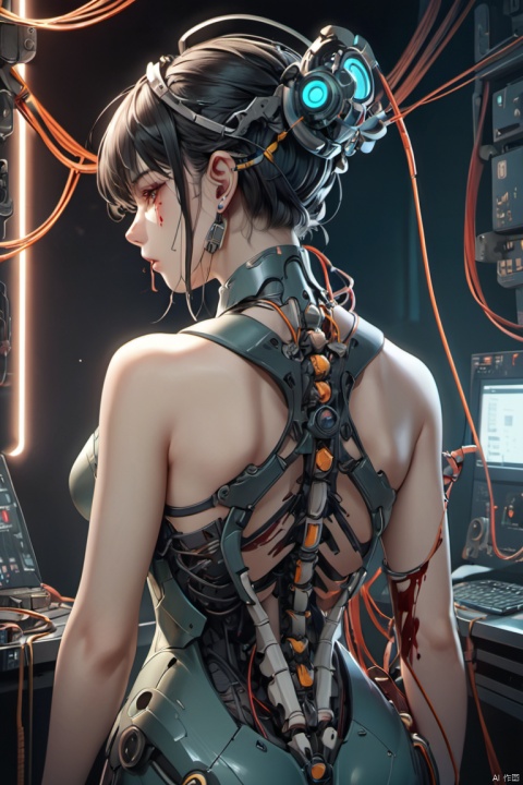 masterpiece,best quality,1mechanical girl,realistic anime style,ultra realistic details,shadows,8k,metal,intricate,ornaments detailed,cold colors,highly intricate details,realistic light,trending on cgsociety,facing camera,neon details,machanical limbs,blood vessels connected to tubes,mechanical vertebra attaching to back,mechanical cervial attaching to neck,wires and cables connecting to head,