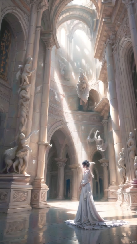  A girl wearing a white long dress stood in front of a classical style building,The style of this painting is fantasy, with cool colors and contrasting light and shadow