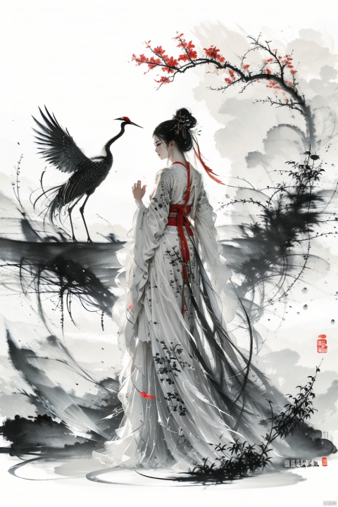  a girl,xianjing,hanfu,crane,full body, Ink scattering_Chinese style