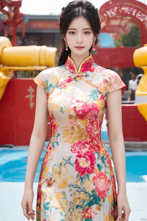  1girl,idol,china_dress,chinese_style,sundress,summer_dress,petal_print,crystal_earrings,incredibly absurdres,realistic,photo_(medium),blurry,waterpark,medium_shot,