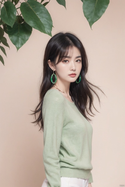  1girl, solo, looking at viewer, bangs, black hair, brown eyes, jewelry, closed mouth, upper body, earrings, medium hair, from side, sweater, lips, makeup, leaf, plant, green background, green theme, green sweater, realistic, Chinese style, 30710, white pantyhose, guofengZ