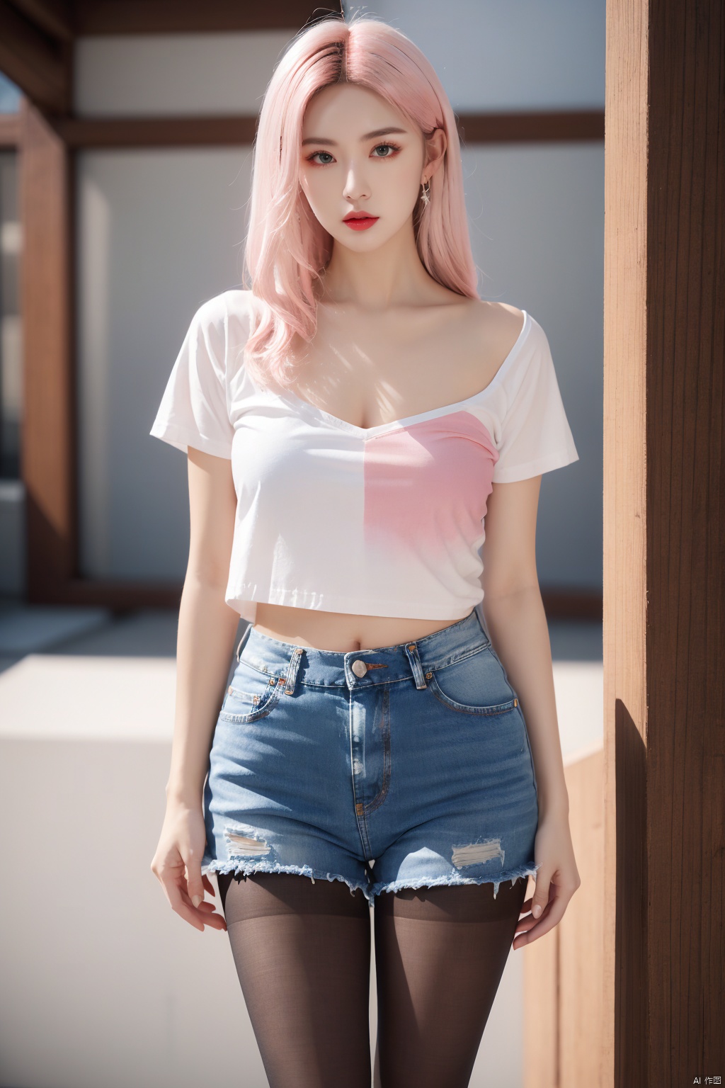  solo, looking at viewer,(white|pink|Gradient hair),  Pantyhose,  Ripped denim shorts,  wide shot,  HDR,  Vibrant colors,  surreal photography,  highly detailed,  masterpiece,  ultra high res,high contrast,  mysterious,  cinematic,  fantasy,  bright natural light,  pantyhose,  loafers, yunqing, Exquisite , Mouth, huliya, 1girl