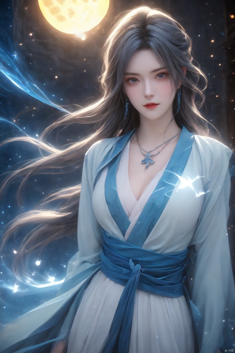 High detailed, masterpiece, Cowboy lens, A girl, solo, female focus:1.4, bangs, Medium chest, Gray hair: 1.4, long hair, White kimono, Blue splash ink, Blue energy vortex, Blue light painting, fine gloss, Architecture, Ancient Chinese architecture, Night：1.3, Starry sky, Full moon, Film and television style, Blue smoke, ray tracing, motion blur, Depth of field, sparkle, Surrealism, Conceptual art, reflection light, UHD, 8K, best quality, textured skin, 1080P, ccurate, 1girl