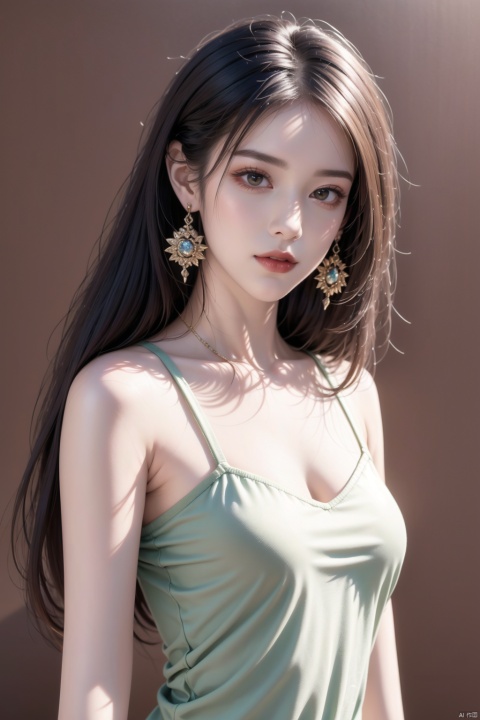  1girl, solo, looking at viewer, bangs, black hair, brown eyes, jewelry, closed mouth, upper body, earrings, medium hair, from side, sweater, lips, makeup, leaf, plant, green background, green theme, green sweater, realistic, Chinese style, 30710, white pantyhose, guofengZ