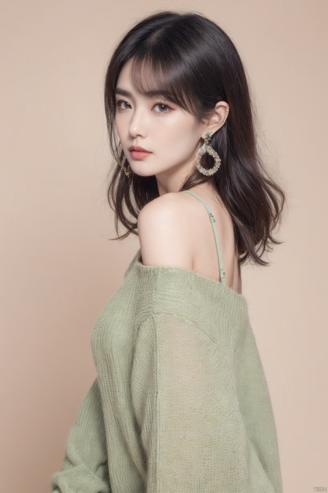  1girl, solo, looking at viewer, bangs, black hair, brown eyes, jewelry, closed mouth, upper body, earrings, medium hair, from side, sweater, lips, makeup, leaf, plant, green background, green theme, green sweater, realistic, Chinese style, 30710, white pantyhose, guofengZ