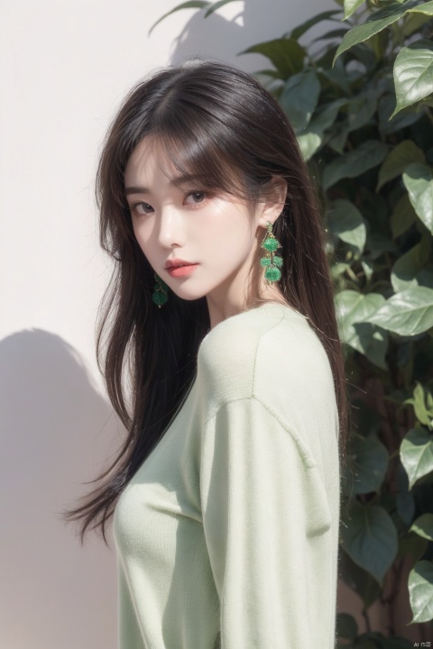  1girl, solo, looking at viewer, bangs, black hair, brown eyes, jewelry, closed mouth, upper body, earrings, medium hair, from side, sweater, lips, makeup, leaf, plant, green background, green theme, green sweater, realistic, Chinese style, 30710, white pantyhose, guofengZ