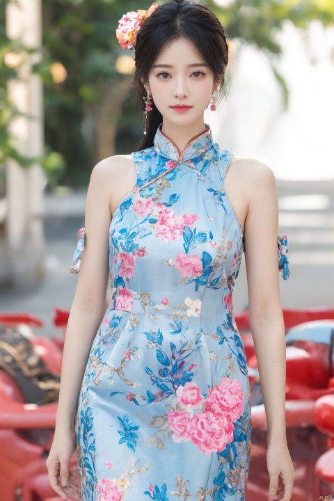  1girl,idol,china_dress,chinese_style,sundress,summer_dress,petal_print,crystal_earrings,incredibly absurdres,realistic,photo_(medium),blurry,waterpark,medium_shot,