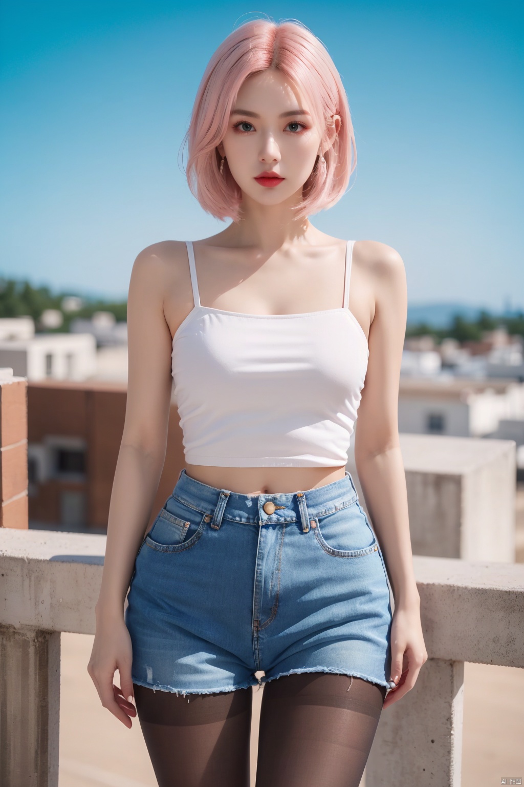  solo, looking at viewer,(white|pink|Gradient hair),  Pantyhose,  Ripped denim shorts,  wide shot,  HDR,  Vibrant colors,  surreal photography,  highly detailed,  masterpiece,  ultra high res,high contrast,  mysterious,  cinematic,  fantasy,  bright natural light,  pantyhose,  loafers, yunqing, Exquisite , Mouth, huliya, 1girl