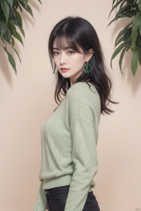  1girl, solo, looking at viewer, bangs, black hair, brown eyes, jewelry, closed mouth, upper body, earrings, medium hair, from side, sweater, lips, makeup, leaf, plant, green background, green theme, green sweater, realistic, Chinese style, 30710, white pantyhose, guofengZ