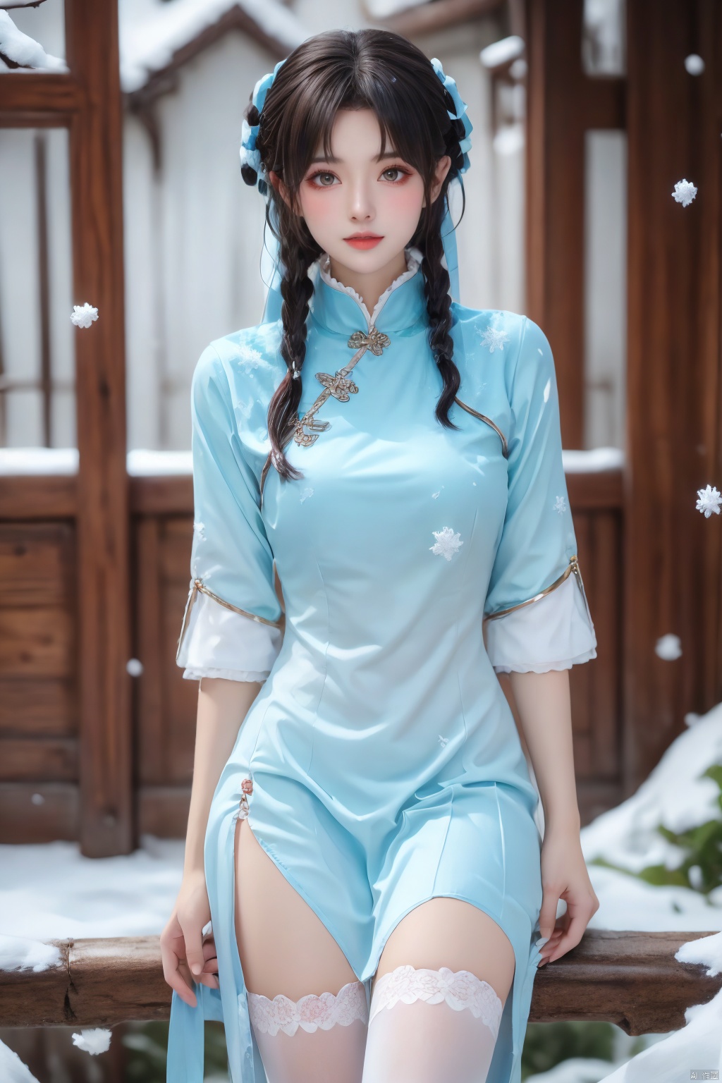  1girl,,,cowboy shot,,white stockings,,sit,,,from front,,,,,,,,,,,,ray tracing,{best quality}, {{masterpiece}}, {highres}, original, extremely detailed 8K wallpaper, {an extremely delicate and beautiful},,incredibly_absurdres,colorful,intricate detail,,,,,,,,,,,,,,snowflakes,falling_snow,snowing,l,,,,,,,,,,,,,,,,,,,,,, , (upper body:1.2), , a girl,dress,moyou