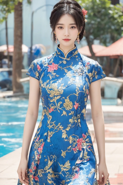  1girl,idol,china_dress,chinese_style,sundress,summer_dress,petal_print,crystal_earrings,incredibly absurdres,realistic,photo_(medium),blurry,waterpark,medium_shot,