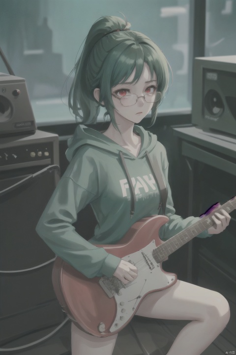  female，short green hair，red eyes，thin，glasses，no expression， Single ponytail，playing guitar，Hoodies