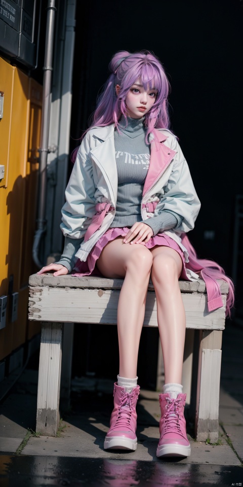  Sunshangxiang,1girl,solo,long hair,skirt,purple hair,multicolored hair,coat,pink footwear,personification,long sleeves,shoes,jewelry,gradient hair,looking at viewer,pink hair,boots,(sitting:1.3), (raw photo:1.2),((photorealistic:1.4))best quality,masterpiece,illustration,an extremely delicate and beautiful,extremely detailed,CG,unity,8k wallpaper,Amazing,finely detail,masterpiece,best quality,official art,extremely detailed CG unity 8k wallpaper,absurdres,incredibly absurdres,huge filesize,ultra-detailed,highres,extremely detailed,beautiful detailed girl,cinematic lighting,1girl,pale skin,tall female,(perfect body shape),skinny body,Slender legs,