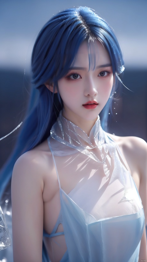  ice,girl, blue hair, very long hair, upper body, (\shuang hua\), 1girl, Ice wraps around the girl (lingering:1.2)