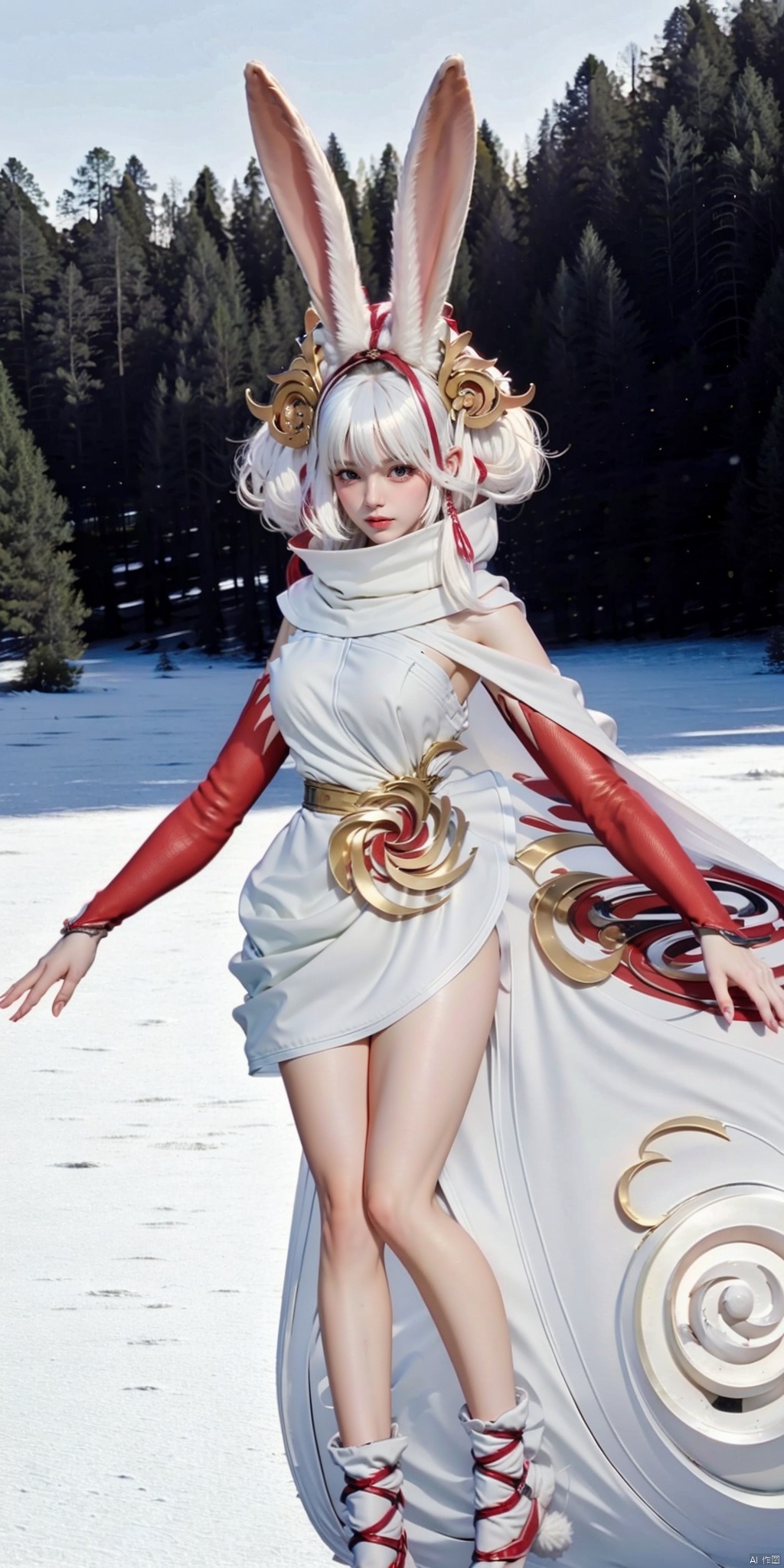  depth scene,,GSL,1girl,solo,animal ears,rabbit ears,white hair,bell,dress,looking at viewer,hair ornament,scenery,snow,outdoors,tree,house,nature,forest,winter,sky,traditional media,(sitting:1.3),, (raw photo:1.2),((photorealistic:1.4))best quality,masterpiece,illustration,an extremely delicate and beautiful,extremely detailed,CG,unity,8k wallpaper,Amazing,finely detail,masterpiece,best quality,official art,extremely detailed CG unity 8k wallpaper,absurdres,incredibly absurdres,huge filesize,ultra-detailed,highres,extremely detailed,beautiful detailed girl,cinematic lighting,1girl,pale skin,tall female,(perfect body shape),skinny body,Slender legs,