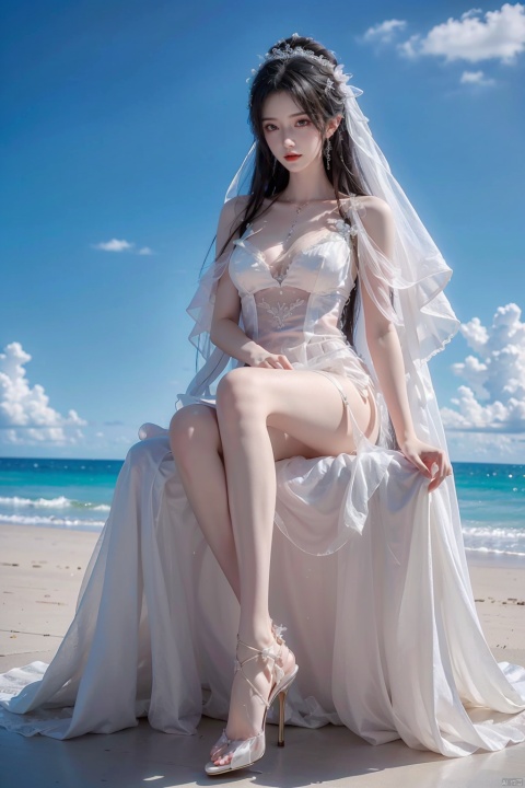  1girl,weddingdress,sat on the beach,blue sky and white clouds,nsfw,Very detailed,reasonable design,Clear lines,High sharpness,best quality,masterpiece,white silk stocking,wedding veil,long legs, qingyi,hair ornament