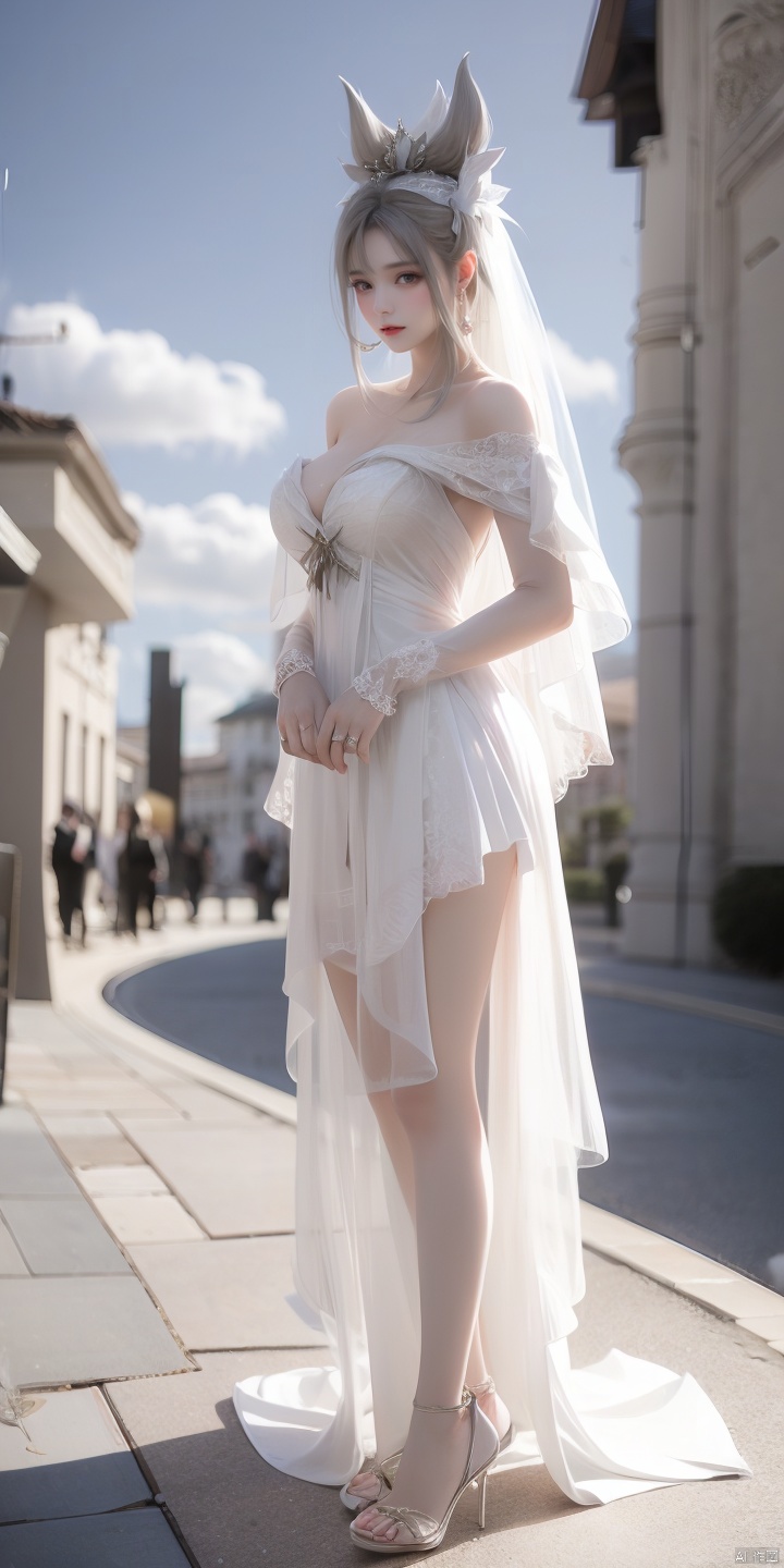  1girl,weddingdress,blue sky and white clouds,nsfw,Very detailed,reasonable design,Clear lines,High sharpness,best quality,masterpiece,white silk stocking,wedding veil,long legs,,hair ornament, , WZRYdiaochanHQG