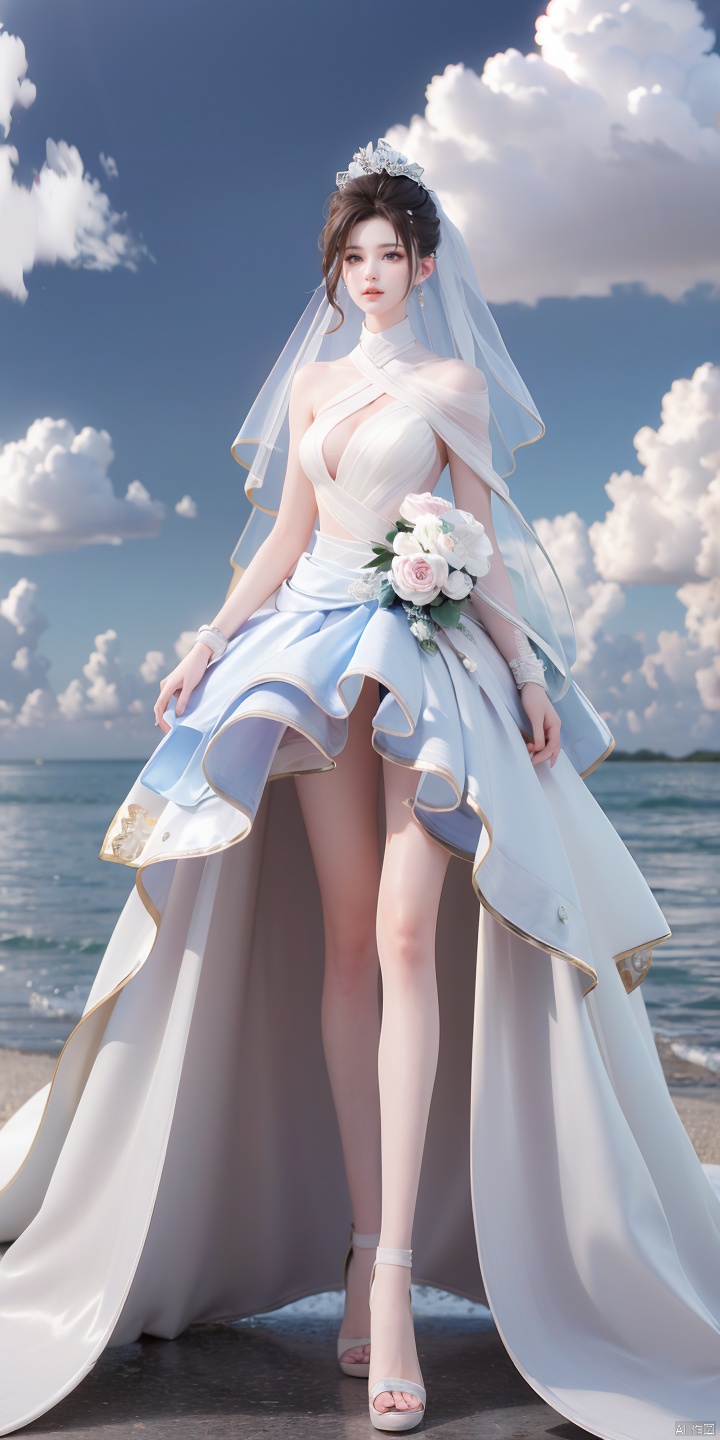  1girl,weddingdress,blue sky and white clouds,nsfw,Very detailed,reasonable design,Clear lines,High sharpness,best quality,masterpiece,white silk stocking,wedding veil,long legs,,hair ornament,