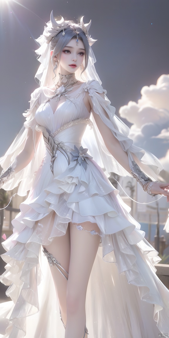  1girl,weddingdress,blue sky and white clouds,nsfw,Very detailed,reasonable design,Clear lines,High sharpness,best quality,masterpiece,white silk stocking,wedding veil,long legs,,hair ornament, , WZRYdiaochanHQG