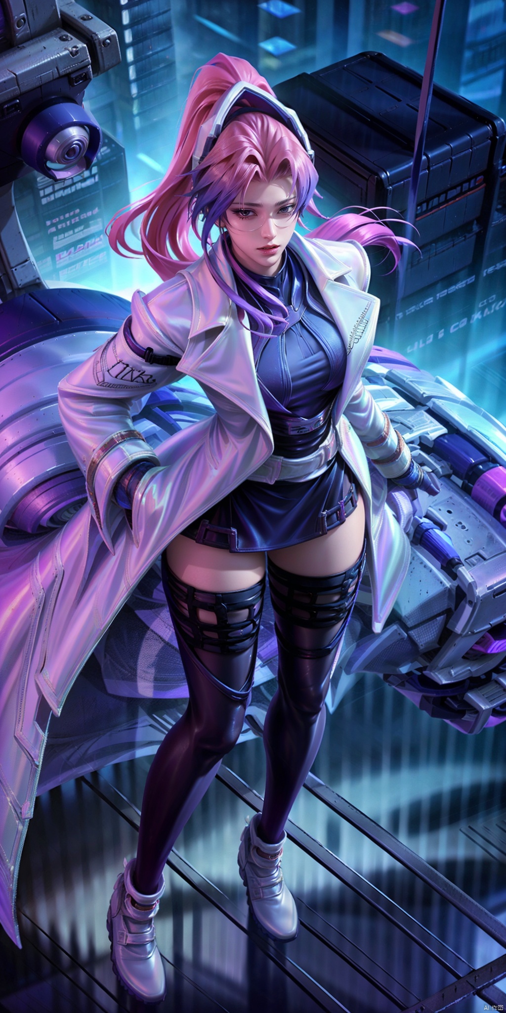  ,jialuo,1girl,solo,thighhighs,gloves,black gloves,black thighhighs,looking at viewer,pink hair,coat,multicolored hair,personification,skirt,purple hair,open coat,belt,boots,zettai ryouiki,long sleeves,white coat,long hair,shoes,(sitting:1.3),, 8K raw photo,Best quality,masterpiece,ultra high res,(photorealistic:1.4),raw photo,(pale skin:1.3),1girl,(tall female:1.3),skinny,slim_legs,solo,(perfect body shape:1.1),The face is symmetrical and looking directly at the camera,powerful expression,energetic asymmetrical layout,(interplay of sunlight and shadows:1.3),