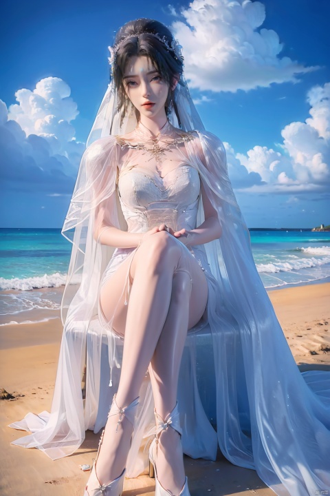  1girl,weddingdress,sat on the beach,blue sky and white clouds,nsfw,Very detailed,reasonable design,Clear lines,High sharpness,best quality,masterpiece,white silk stocking,wedding veil,long legs, qingyi