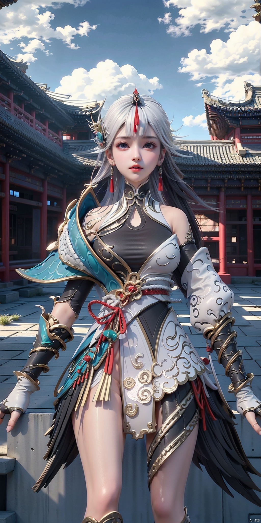  ,YUNYING,(hair ornament:1.4),white hair,single thighhigh,,architecture,east asian architecture,sky,cloud,outdoors,tree,day,building,plant,blue sky,,(sitting:1.4),shoulder_armor,, 8K raw photo,Best quality,masterpiece,ultra high res,(photorealistic:1.4),raw photo,1girl,(tall female:1.3),skinny,(upper body:1.2),slim_legs,solo,(perfect body shape:1.1),The face is symmetrical and looking directly at the camera,powerful expression,energetic asymmetrical layout,(interplay of sunlight and shadows:1.3),