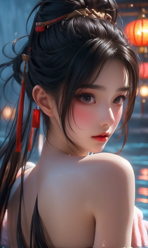  High quality, masterpiece, cinematic texture, Chinese elements, close-up of head and face, 1 girl bathing in the pool,blue-pink towel, shoulders exposed to the water surface, (wrapped in a towel: 1.2),Forehead gemstone, (hot spring), Breasts,lantern, night,girl, 1girl, smoke,chang, Explosive dust,