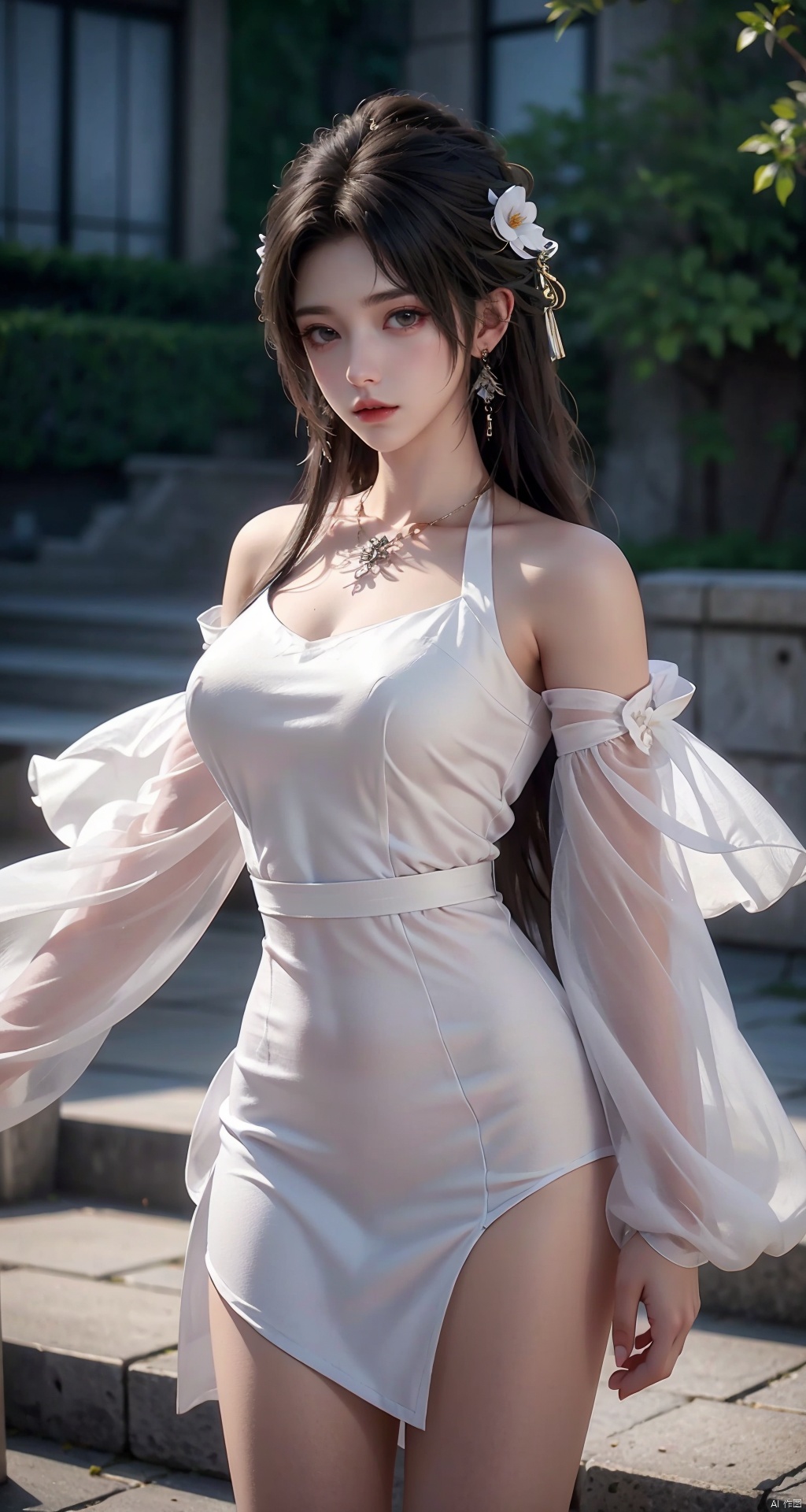  DaoTeGC,white dress,Epic CG masterpiece,hdr,dtm,8K,ultra detailed graphic tension,dynamic poses,stunning colors,3D rendering,surrealism,cinematic lighting effects,realism,00 renderer,super realistic,super vista,HD,DaoTeGC,jewelry,flower,detached sleeves,floating hair,white dress, Hanama wine, midjourney, BJ_Violent_graffiti, yunqing, 30710, 1 girl