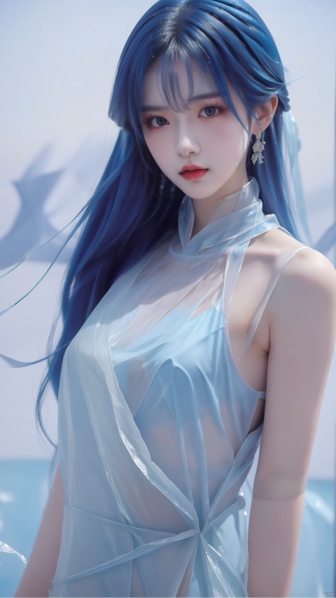  ice,girl, blue hair, very long hair, upper body, (\shuang hua\), 1girl, Ice wraps around the girl (lingering:1.2)