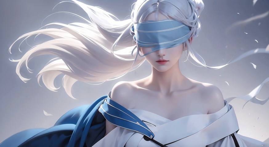  duotone white and blue,1girl,Long hair, ponytail, white hair,(blindfold),The wind blows, close-up,Off Shoulder