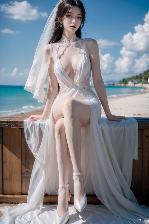  1girl,weddingdress,sat on the beach,blue sky and white clouds,nsfw,Very detailed,reasonable design,Clear lines,High sharpness,best quality,masterpiece,white silk stocking,wedding veil,long legs, qingyi