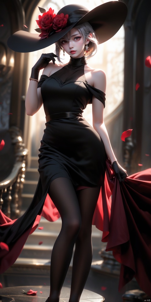  ,JING,(black dress:1.2),(black pantyhose:1.3),high_heels,looking at viewer,hat,(red eyes:1.4),silver short hair,straight hair,hat flower,ulzzang-6500-v1.1,, (raw photo:1.2),((photorealistic:1.4))best quality,masterpiece,illustration,an extremely delicate and beautiful,extremely detailed,CG,unity,8k wallpaper,Amazing,finely detail,masterpiece,best quality,official art,extremely detailed CG unity 8k wallpaper,absurdres,incredibly absurdres,huge filesize,ultra-detailed,highres,extremely detailed,beautiful detailed girl,cinematic lighting,1girl,pale skin,tall female,(perfect body shape),skinny body,Slender legs,