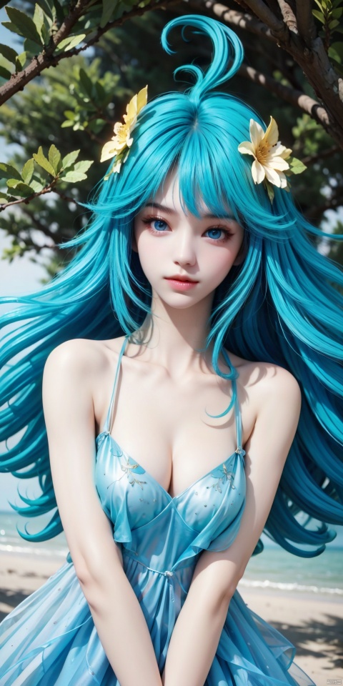  DLY,1girl,solo,(ahoge:1.5),long hair,dress,blue eyes,barefoot,hair ornament,blue hair,blue dress,bare shoulders,flower,hair flower,ribbon,collarbone,looking at viewer,bangs,tree,outdoors,scenery,beach, (raw photo:1.2),((photorealistic:1.4))best quality,masterpiece,illustration,an extremely delicate and beautiful,extremely detailed,CG,unity,8k wallpaper,Amazing,finely detail,masterpiece,best quality,official art,extremely detailed CG unity 8k wallpaper,absurdres,incredibly absurdres,huge filesize,ultra-detailed,highres,extremely detailed,beautiful detailed girl,cinematic lighting,1girl,pale skin,tall female,(perfect body shape),skinny body,Slender legs,