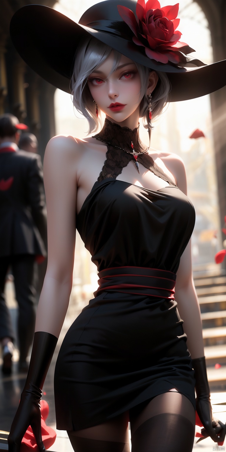  ,JING,(black dress:1.2),(black pantyhose:1.1),high_heels,looking at viewer,hat,(red eyes:1.4),silver short hair,straight hair,hat flower,ulzzang-6500-v1.1,, 8K raw photo,Best quality,masterpiece,ultra high res,(photorealistic:1.4),raw photo,1girl,(tall female:1.3),skinny,(upper body:1.2),slim_legs,solo,(perfect body shape:1.1),The face is symmetrical and looking directly at the camera,powerful expression,energetic asymmetrical layout,(interplay of sunlight and shadows:1.3),