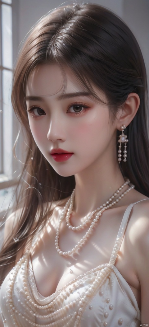  detailed eyes,Perfect features,(masterpiece),(best quality),moist skin,shiny skin,glossy skin,(good quality),intricate details,earrings,Ray Tracing,(realistic:1.1),korean,Pearl, necklace, pearl earrings