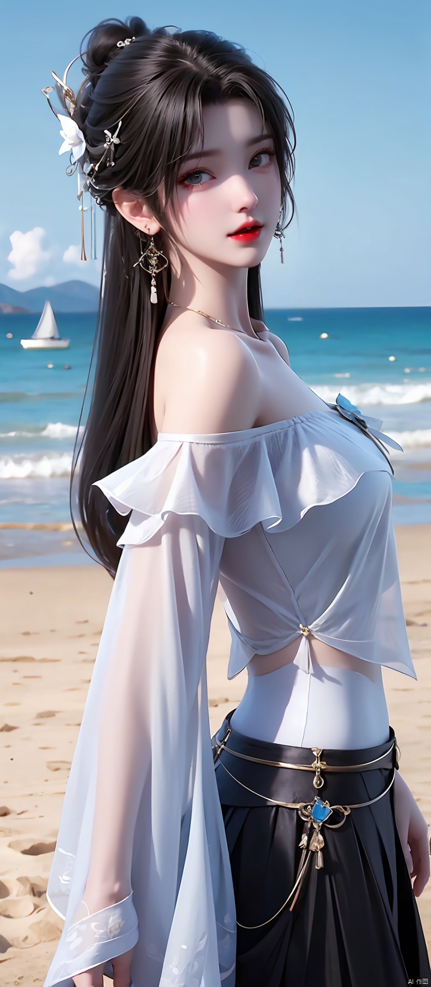  (((1 girl))),((upper body:0.7)), half body photo, female solo, depth of field, blue earrings, blue jewelry, off-shoulder white shirt, black tight skirt, (at beach), blonde hair, photorealistic:1.3, realistic), highly detailed CG unified 8K wallpapers, (((straight from front))), 8k uhd, dslr, soft lighting, high quality, film grain, Fujifilm XT3, (professional lighting), nangongwan, red lips,