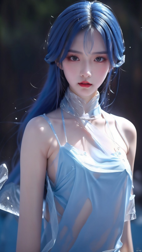  ice,girl, blue hair, very long hair, upper body, (\shuang hua\), 1girl, Ice wraps around the girl (lingering:1.2)