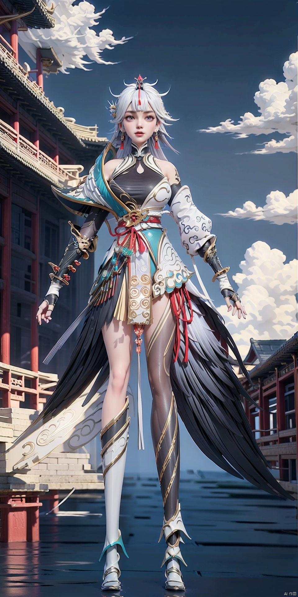  YUNYING,(hair ornament:1.4),white hair,
single thighhigh,,
architecture,east asian architecture,sky,cloud,outdoors,tree,day,building,plant,blue sky,,shoulder_armor,
(raw photo:1.2),((photorealistic:1.4))best quality,masterpiece,illustration,an extremely delicate and beautiful,extremely detailed,CG,unity,8k wallpaper,Amazing,finely detail,masterpiece,best quality,official art,extremely detailed CG unity 8k wallpaper,absurdres,incredibly absurdres,huge filesize,ultra-detailed,highres,extremely detailed,beautiful detailed girl,cinematic lighting,1girl,pale skin,tall female,(perfect body shape),skinny body,Slender legs,