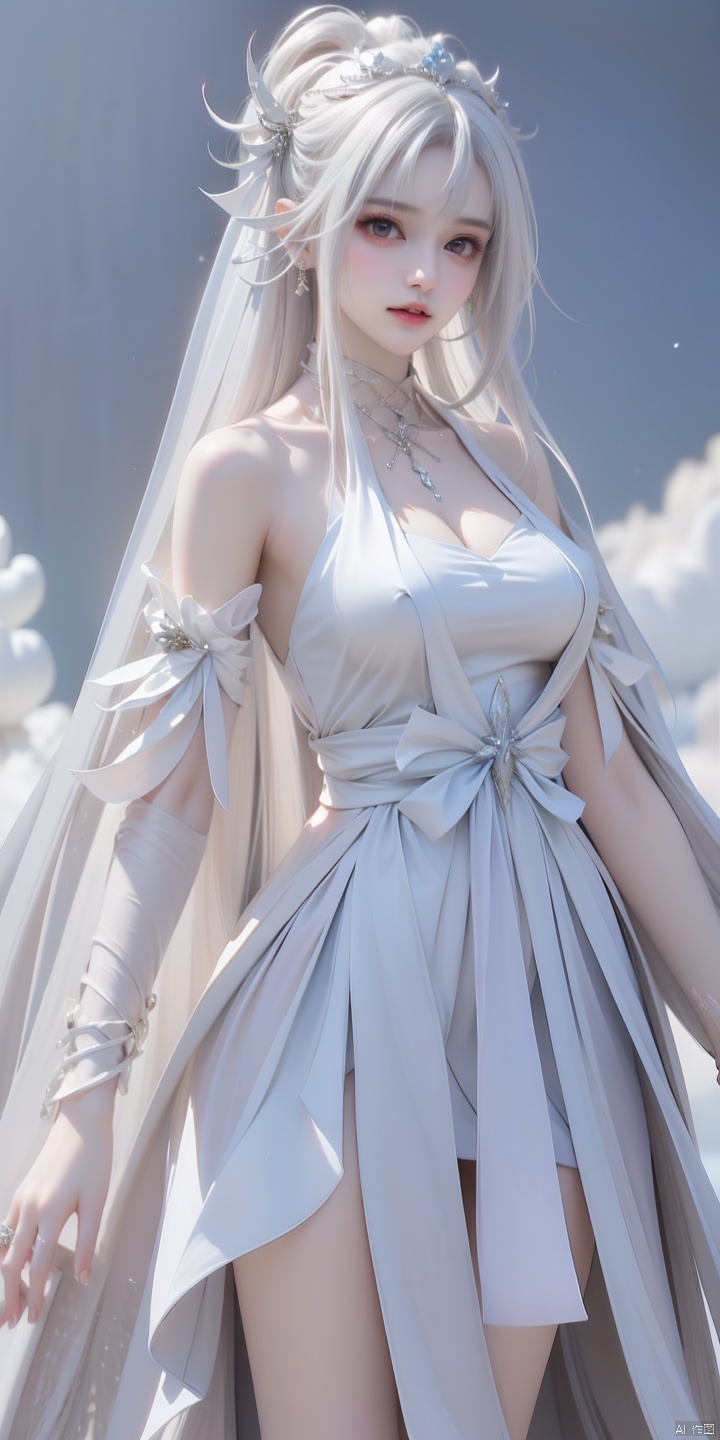  1girl,weddingdress,blue sky and white clouds,nsfw,Very detailed,reasonable design,Clear lines,High sharpness,best quality,masterpiece,white silk stocking,wedding veil,long legs, qingyi,hair ornament, 