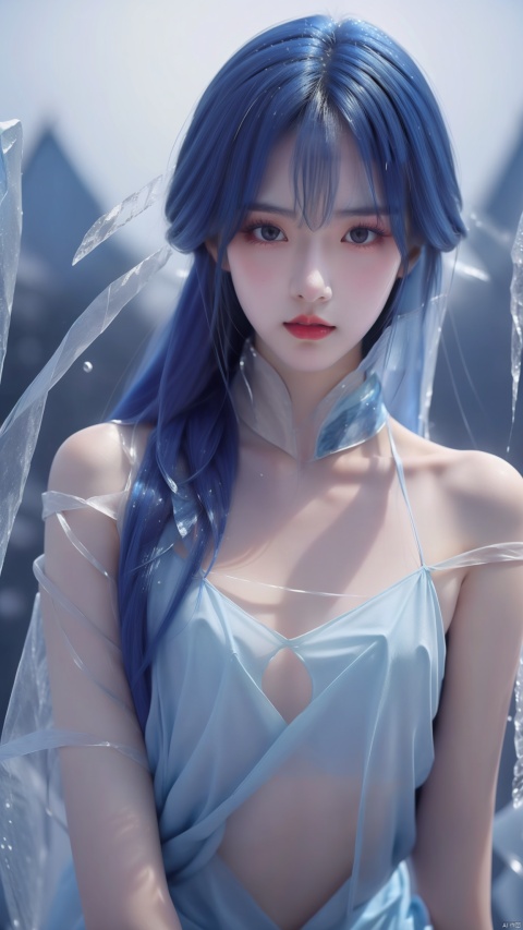  ice,girl, blue hair, very long hair, upper body, (\shuang hua\), 1girl, Ice wraps around the girl (lingering:1.2)